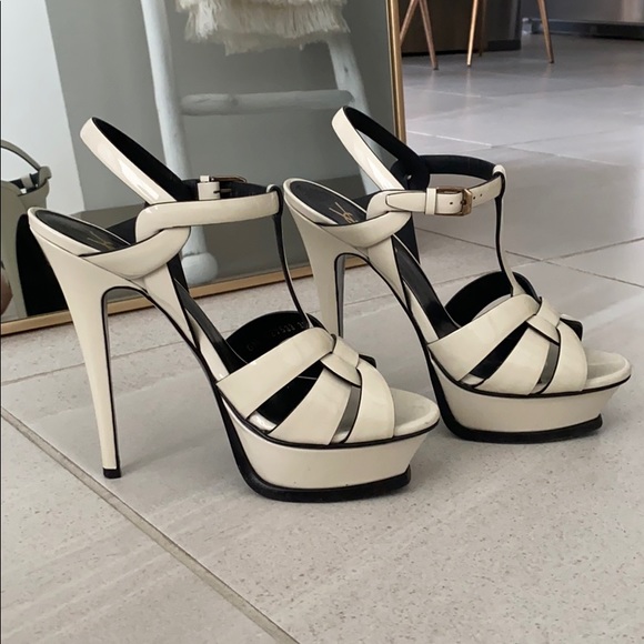 SAINT LAURENT TRIBUTE SANDAL HEELS CREAM/BLACK - Picture 4 of 8